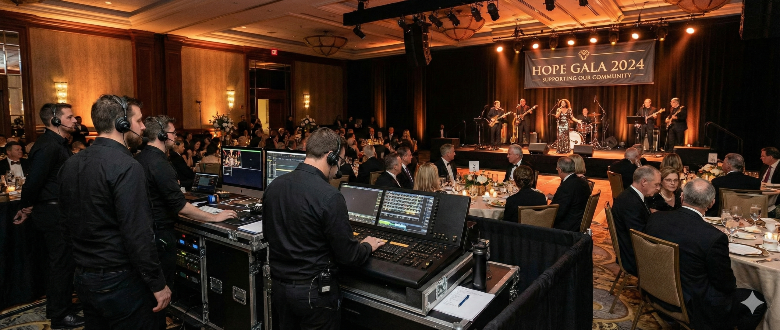 Event production team managing sound and lighting at a venue