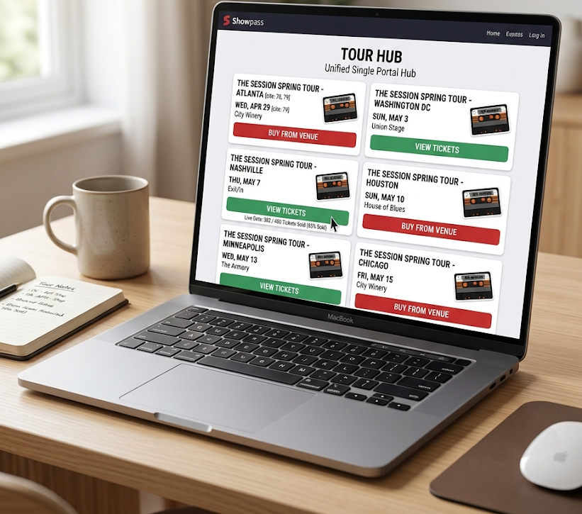 A sleek customized ticketing landing page showing multiple cities