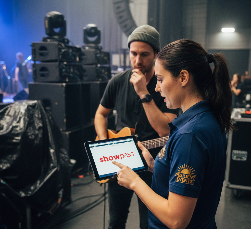 A candid photo of a Resilient Events team member collaborating with a client backstage at an event